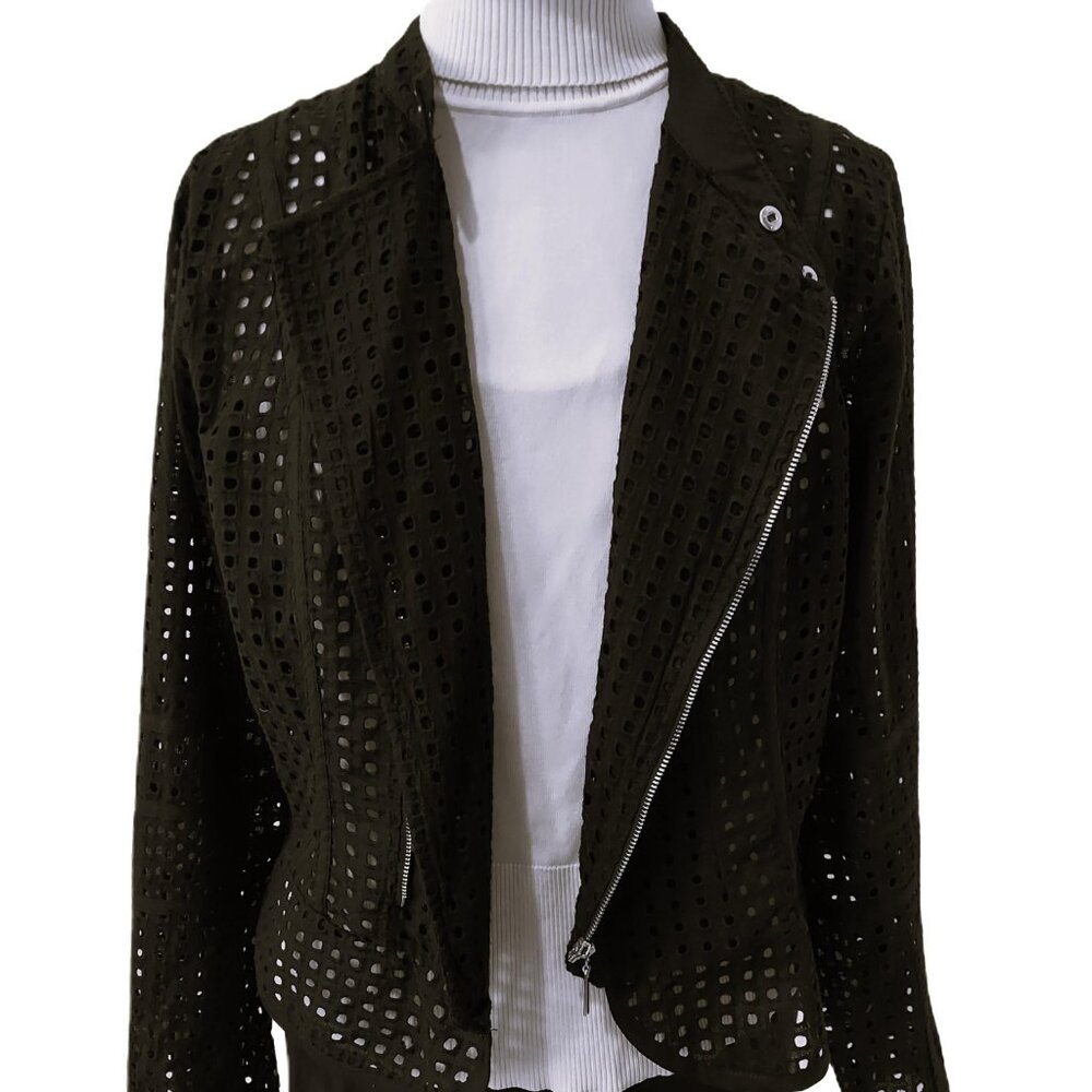 Bar III Black Eyelet/Crochet Moto-Style Jacket. SZ L. 100% Cotton - Picture 3 of 4
